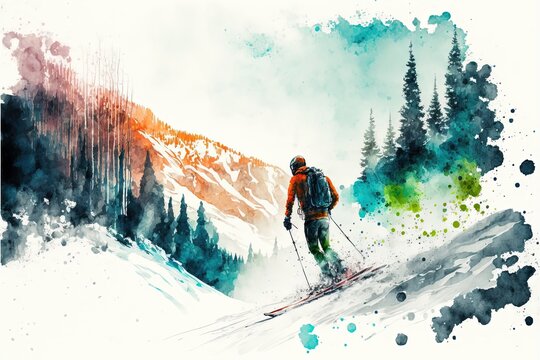 Winter skier and montains landscape. Generative AI illustratin like watercolor style.
