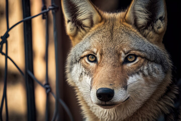 An endearing coyote in a zoo enclosure gazes intently at the camera. Generative AI - obrazy, fototapety, plakaty