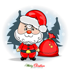 Vector Santa Claus in red with a bag of gifts. Santa with a red sack with gifts. Blue background with snowflacks and christmas trees. Cartoon flat style ideal for cards posters, social media. 