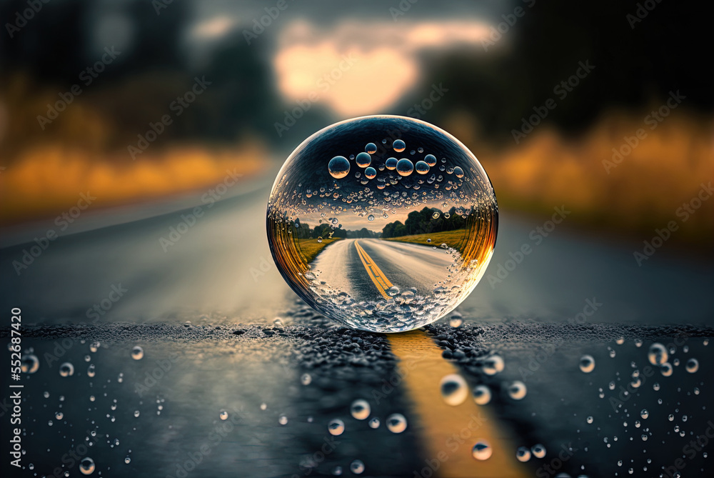 Poster an up-close look at a raindrop on the pavement generative ai