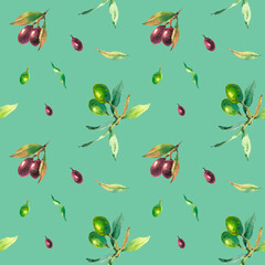 Watercolor seamless pattern of green and black olive branches on a blue green background.