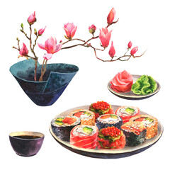 Watercolor illustration of sushi on a plate, ginger and wasabi, soy sauce and magnolia sprigs in a Japanese ceramic vase, a set of objects isolated on a white background