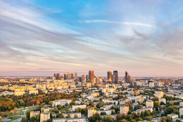 Fototapeta na wymiar Twilight over the city, aerial landscape of Warsaw, capital of Poland