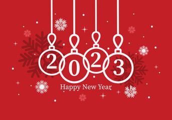 2023 Happy New Year card with winter decoration.