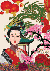 Portrait a Beautiful Ancient Chinese Girl with Paper hand fan and Peony Red by Digital Painting