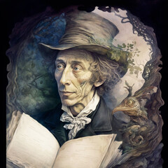 Fantasy portrait of  the legendary fairytale writer Hans Christian Andersen listening to his muse, reading from his book