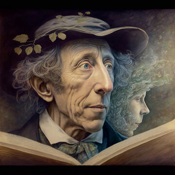Fantasy portrait of  the legendary fairytale writer Hans Christian Andersen listening to his muse, reading from his book