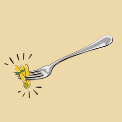 Pasta. Penne on a fork with basil and sauce, for menu and design, vector. Italian Cuisine.