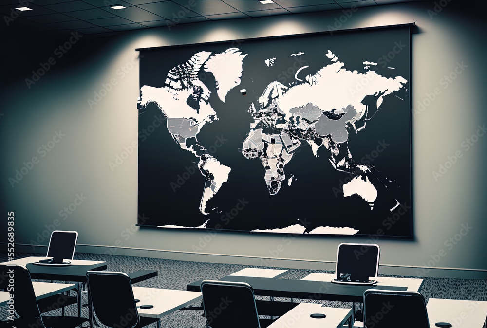 Poster world map on the presentation screen and an abstract creative coding concept in a contemporary confe