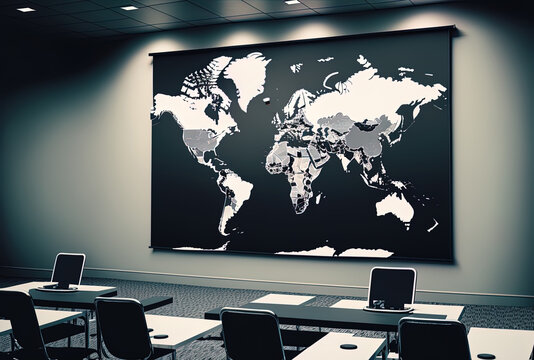 World map on the presentation screen and an abstract creative coding concept in a contemporary conference room. Generative AI