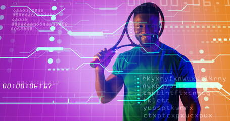 African american male tennis player holding racket over grid pattern with dots, codes and lines