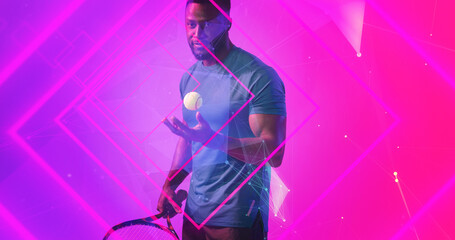 African american male tennis player with ball and racket standing over illuminated square shapes