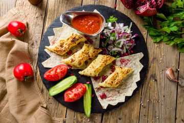 Lula kebab from potatoes top view on wooden table