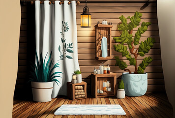 White spa towels and a bathroom interior backdrop on wood. Generative AI