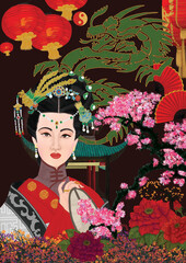 Portrait a Beautiful Ancient Chinese Girl with Paper hand fan and Peony Red by Digital Painting