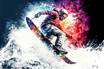 Snowboard Wintersport Extrem Abfahrt Downhill Competition Wettbewerb Tiefschnee Abfahrt Generative AI Technology Digital Art Illustration