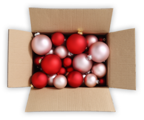 Christmas bright red baubles, open cardboard box full of pink christmas balls to decorate the christmas tree, top view isolated on transparent background, object for greetings gift card