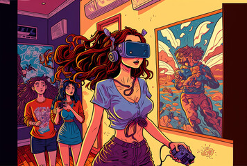 Women linking the metaverse universe in virtual reality artwork. Generative AI