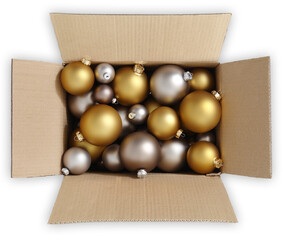 Christmas bright golden baubles, open cardboard box full of silver christmas balls to decorate the christmas tree, top view isolated on transparent background, object for greetings gift card