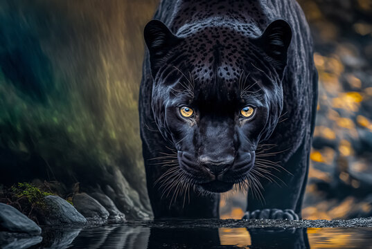 Front view of Panther on dark background. Predator series. digital art	