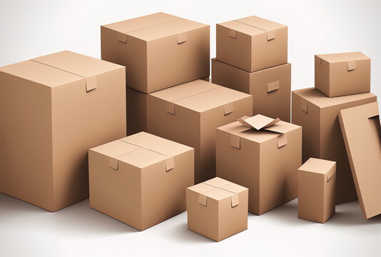 Unlabeled beige corrugated cardboard boxes of various sizes stacked upon one another on a white background. Generative AI