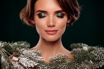 Photo of tender elegant hollywood celebrity demonstrate evening bright maquillage isolated on green...
