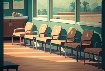 Unoccupied front desk and waiting area for general practitioner appointment at healthcare facility. Chairs in the hospital lobby of a private clinic, medical assessment. Generative AI