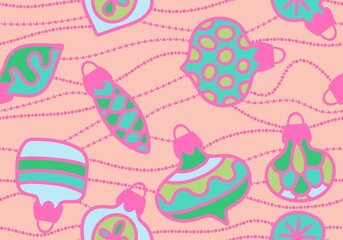 Cartoon Christmas tree balls seamless line art toys pattern for wrapping paper and fabrics and linens and kids