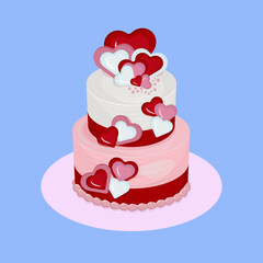 Cake Saint Valentine, with hearts, cream, meringue, two layers, in pink, red and white design. Vector design.