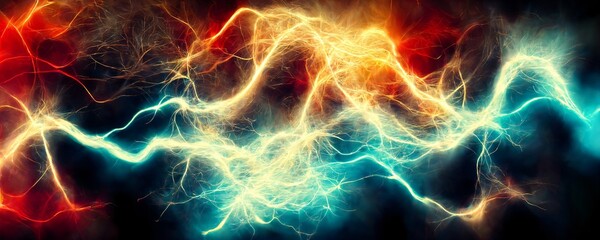 abstract illustration of colorful and powerful lightning bolts glowing on dark background