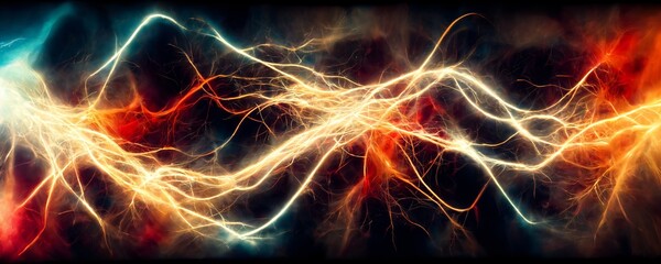 abstract illustration of colorful and powerful lightning bolts glowing on dark background