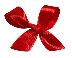 Red bow isolated on transparent background. Single red ribbon satin gift bow.