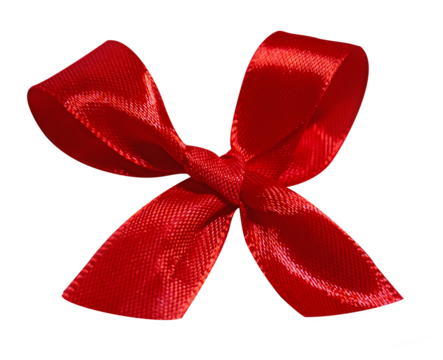 Red bow isolated on transparent background. Single red ribbon satin gift bow.