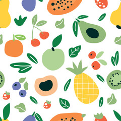 Fototapeta na wymiar Cute, colourful tropical fruit seamless vector pattern on a white background