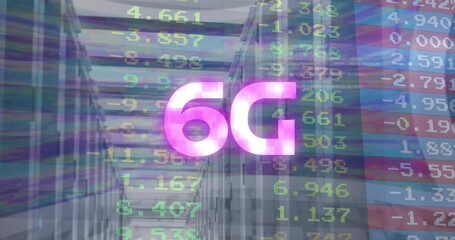 Animation of 6g text banner over stock market data processing against computer server room - Powered by Adobe