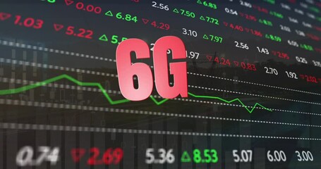 Animation of 6g text banner over statistical and stock market data processing - Powered by Adobe