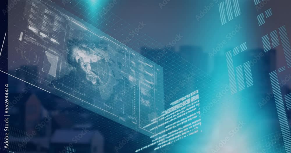 Poster animation of interface with data processing and blue light spot against aerial view of cityscape