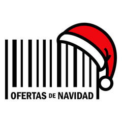 Compras de Navidad. Logo aislado con texto Ofertas de Navidad en español con código de barras con líneas y gorro Papá Noel