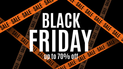 Sale on Black Friday. Banner, poster, logo in color on a dark background. White, yellow and black colors. Intersecting Signal Orange Tapes. vector illustration.
