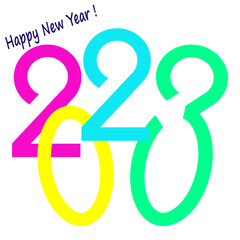 Happy New Year 2023 card on a white background with colorful numbers