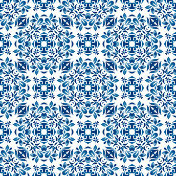 Gorgeous seamless blue floral watercolor pattern oriental tiles. Floral mandala. Azulejo tile design arabesque tiles