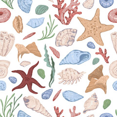 Starfishes, shells, stones, seaweed, coral, sea ornament. Abstract vector seamless pattern of underwater life. Modern style pastel colors design.