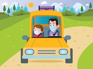 family on the road. Father and son traveling by car while wearing face mask during summer time