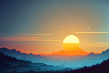 sunset with a foggy blue sky background. Generative AI