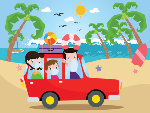 summer vacation trip. Family road trip vector concepts: Happy family traveling by car while wearing face mask on the beach during summer time