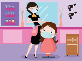 Little girl cartoon character getting haircut by hairdresser at the barbershop