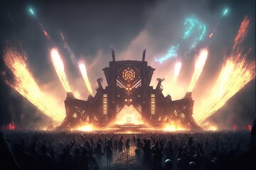 Festival Mainstage von gro&szlig;em fiktivem EDM Event mit Feuerwerk, Feuer, Konfetti und Crowd, 3D Rendering