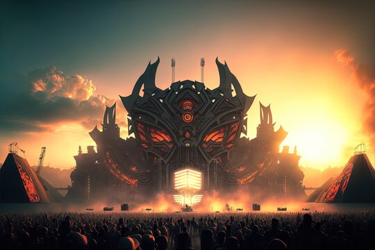 Festival Mainstage von gro&szlig;em fiktivem EDM Event mit Feuerwerk, Feuer, Konfetti und Crowd, 3D Rendering