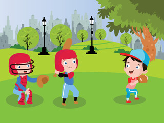 Children cartoon character playing baseball game at the park during summer time