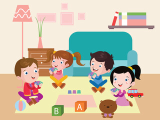 Happy children cartoon playing card together in the living room at home